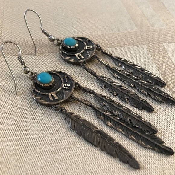 Vintage Sterling Turquoise Feather Earrings - Picture 5 of 5